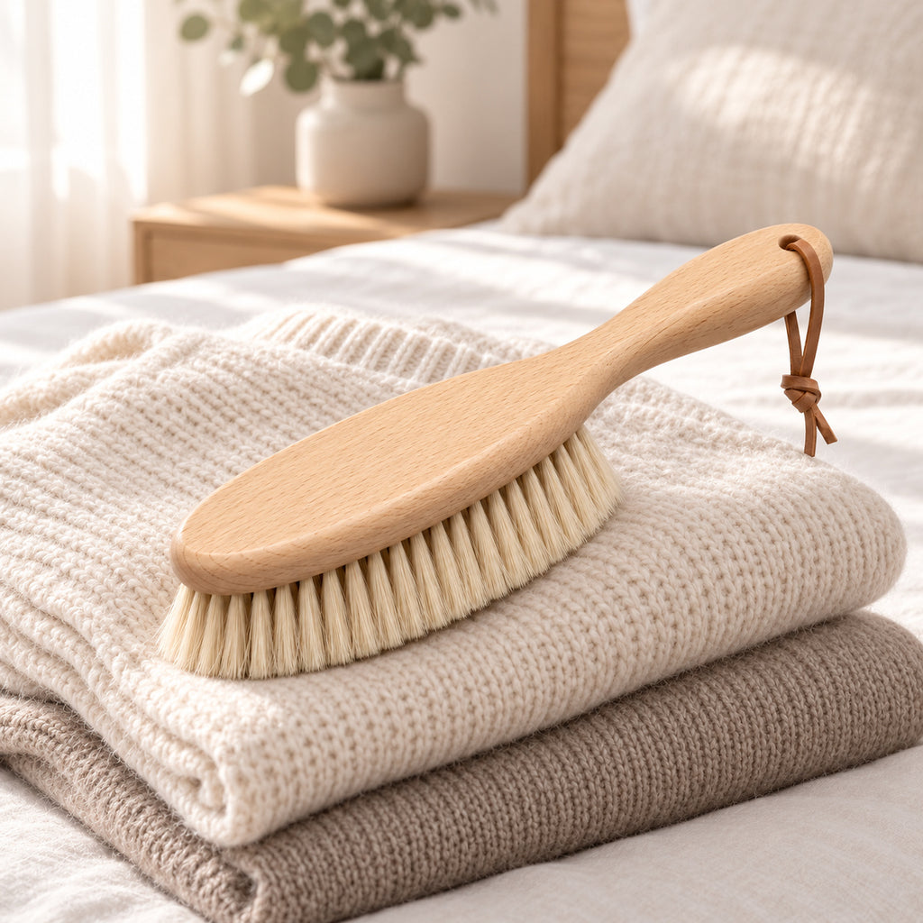 Hunitere Wood-Look Handheld Cleaning Brush with Cream Bristles and Leather-Look Loop