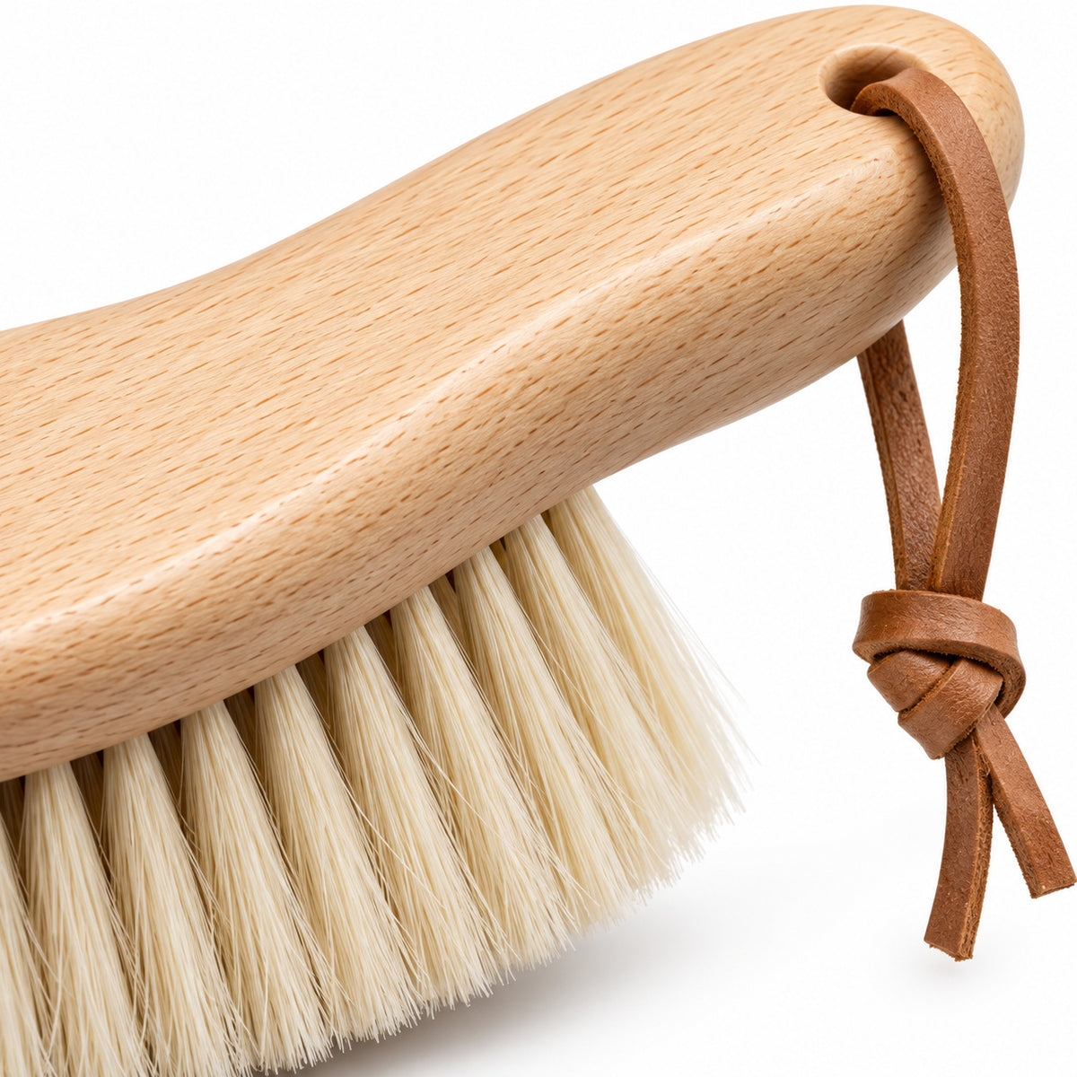 Hunitere Wood-Look Handheld Cleaning Brush with Cream Bristles and Leather-Look Loop