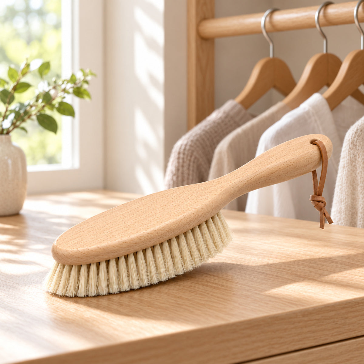 Hunitere Wood-Look Handheld Cleaning Brush with Cream Bristles and Leather-Look Loop