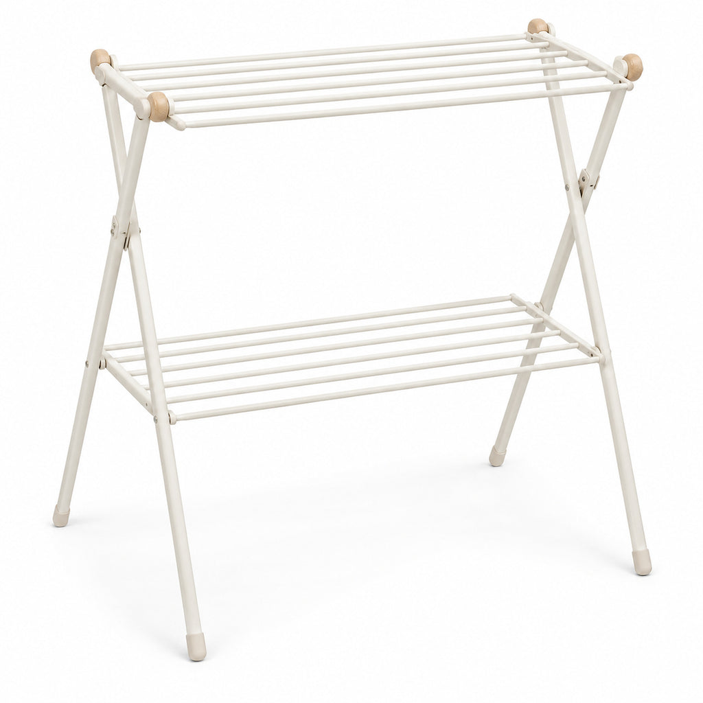 Hunitere White Two-Tier Folding Drying Rack with Wood-Look Accent Knobs