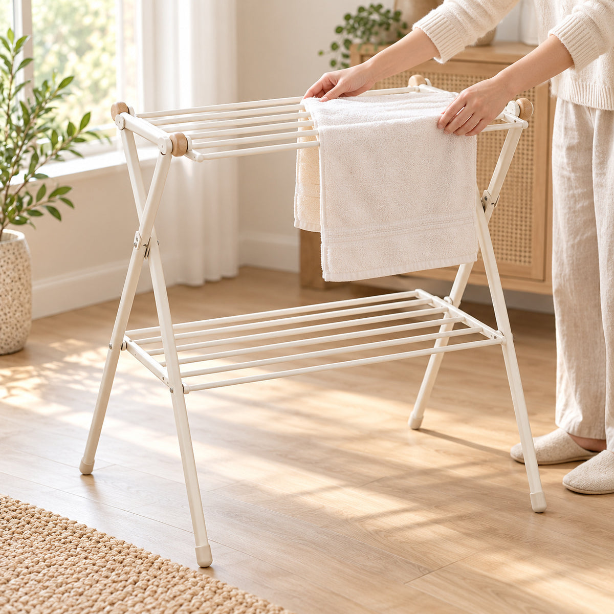 Hunitere White Two-Tier Folding Drying Rack with Wood-Look Accent Knobs