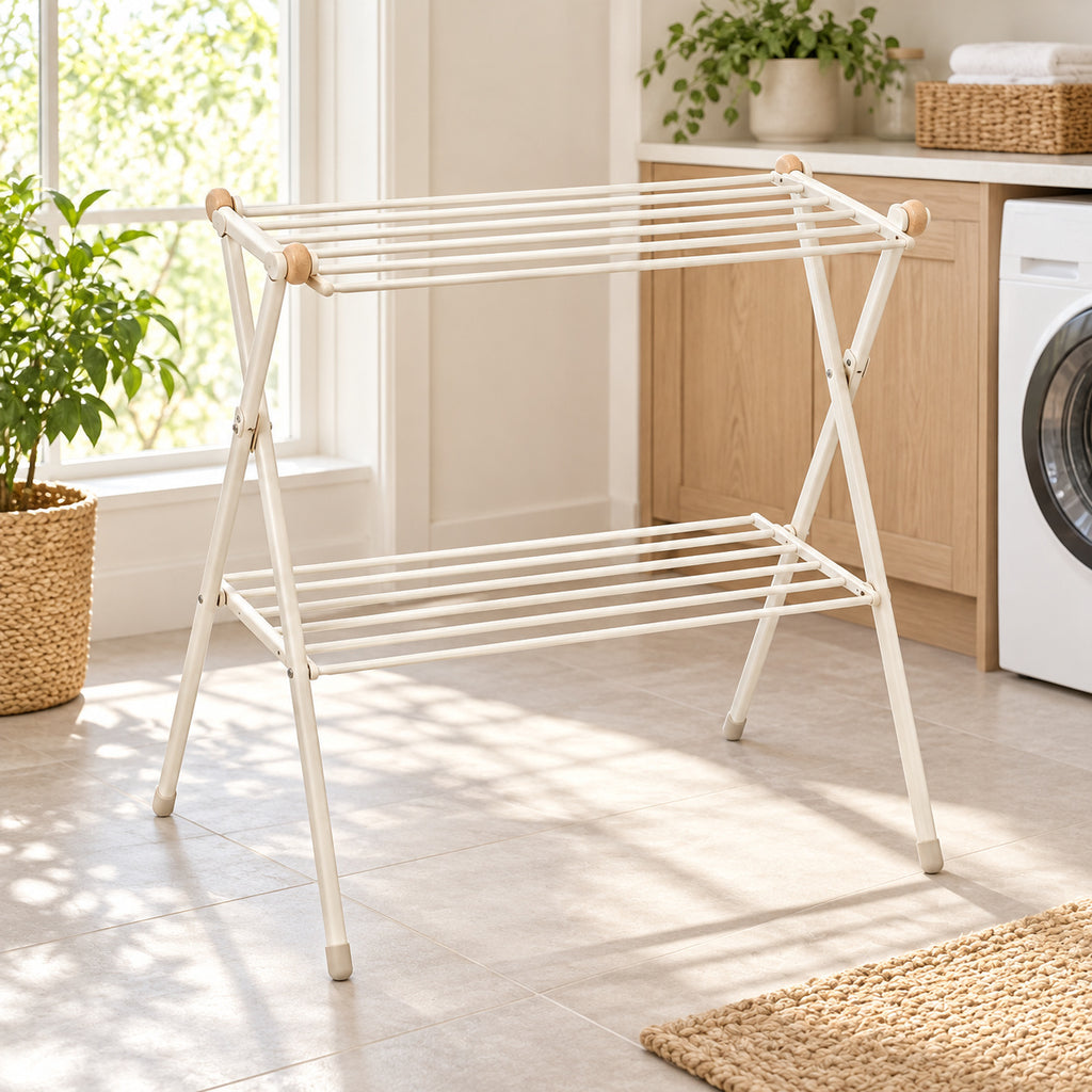 Hunitere White Two-Tier Folding Drying Rack with Wood-Look Accent Knobs
