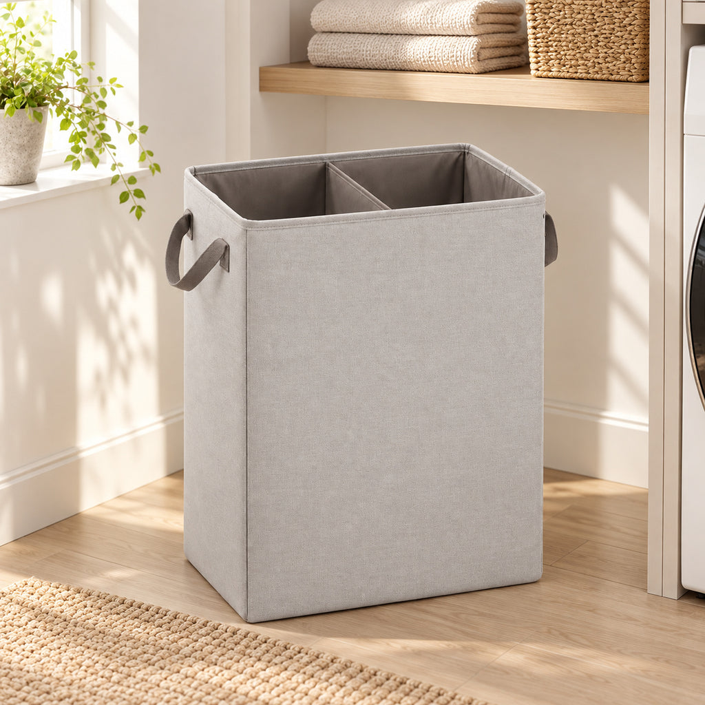Hunitere Beige Fabric-Look Divided Laundry Hamper with Side Handles