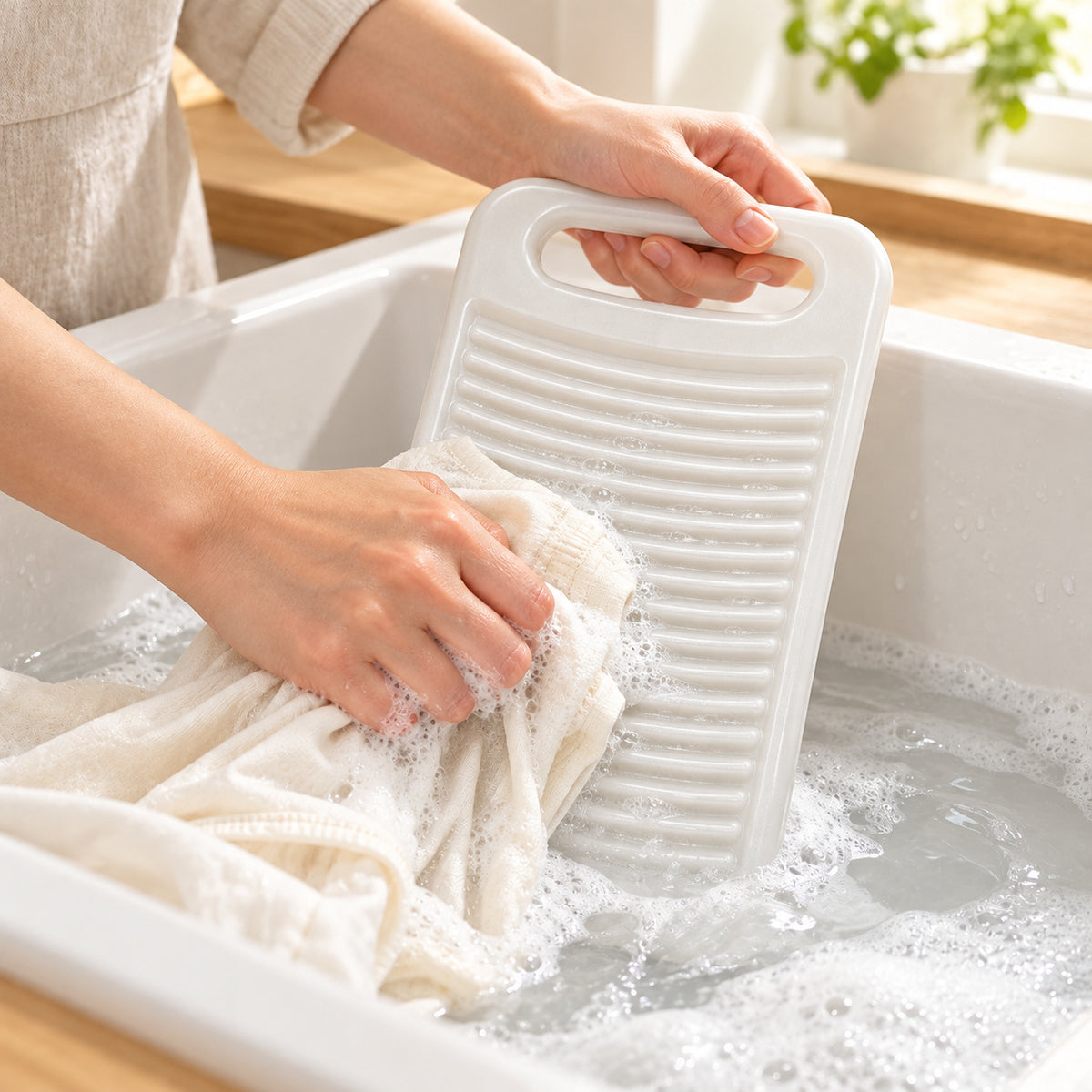 Hunitere White Ribbed Washboard with Built-In Handle